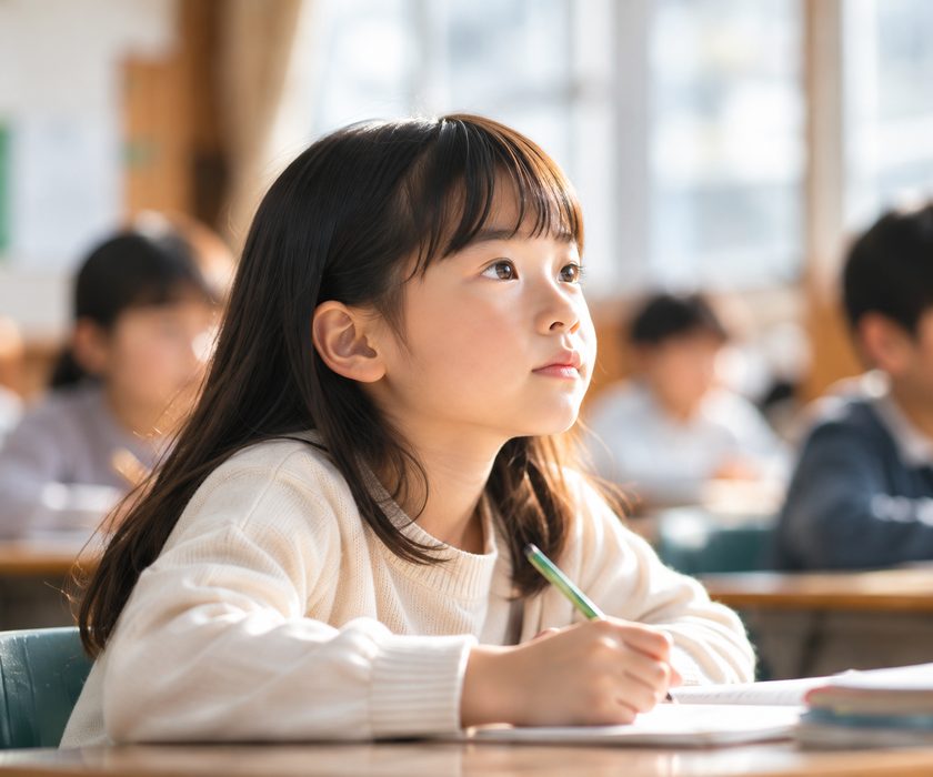 教室で顔を上げて学ぶ女の子