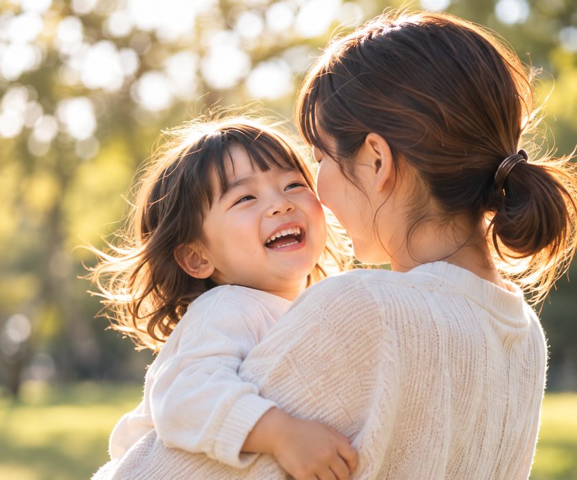 子供を抱きあげて笑う母親